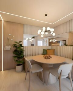 Painel De Madeira Ripado Com Espelho Na Sala De Jantar
