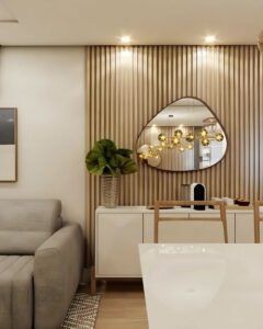 Sala De Jantar Com Painel Ripado De Madeira Bege Com Aparador Flutuante E Espelho Organico Com Led E Moldura De Madeira Natural Rustica 3