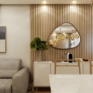 Sala De Jantar Com Painel Ripado De Madeira Bege Com Aparador Flutuante E Espelho Organico Com Led E Moldura De Madeira Natural Rustica 3