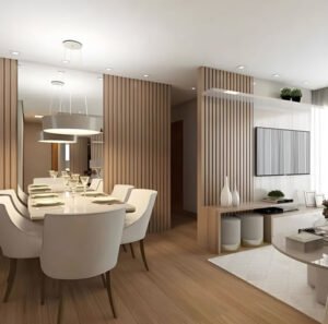 Sala De Jantar Com Painel Ripado Em Madeira E Espelho Grande Até O Teto