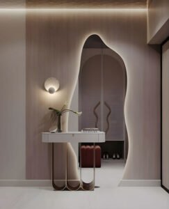 Hall De Entrada Com Painel Ripado De Madeira Aparador Flutuante E Espelho Organico Com Led 3