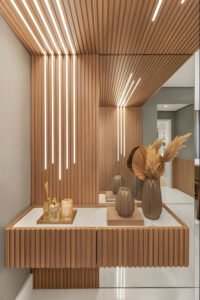 Hall De Entrada Com Painel Ripado De Madeira Aparador Flutuante E Espelho Organico Com Led 4