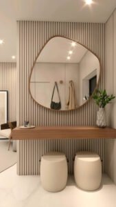 Hall De Entrada Com Painel Ripado De Madeira Bege Com Aparador Flutuante E Espelho Organico Com Led E Moldura De Madeira Natural Rustica 3