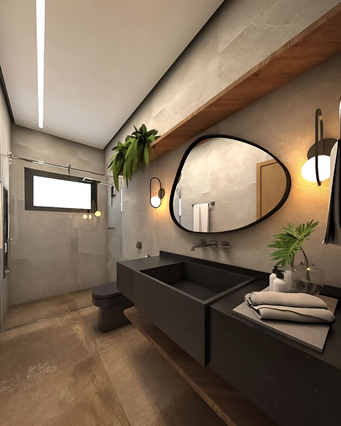 Espelho com Moldura Preta 10 Orgânico Com Moldura Preta No Lavabo
