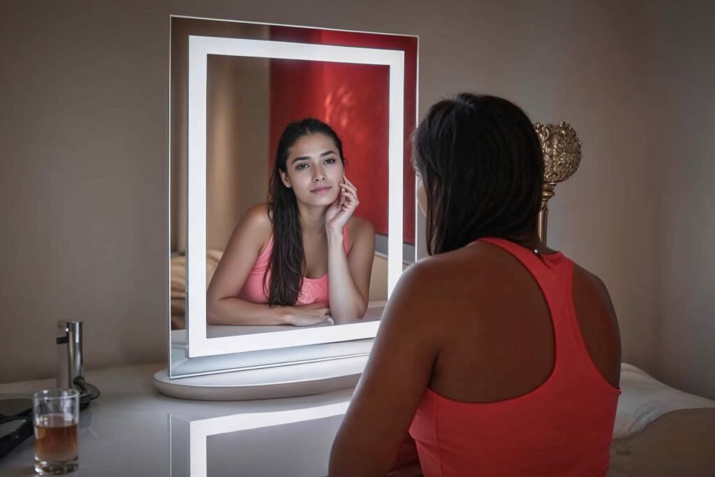 Espelho led para penteadeira com suporte branco e uma mulher brasileira