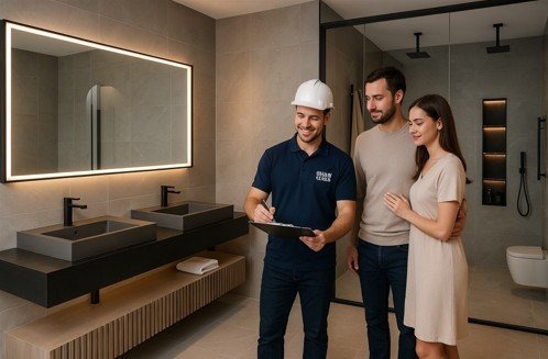 Banheiro moderno com arquiteto da show glass e um casal cliente