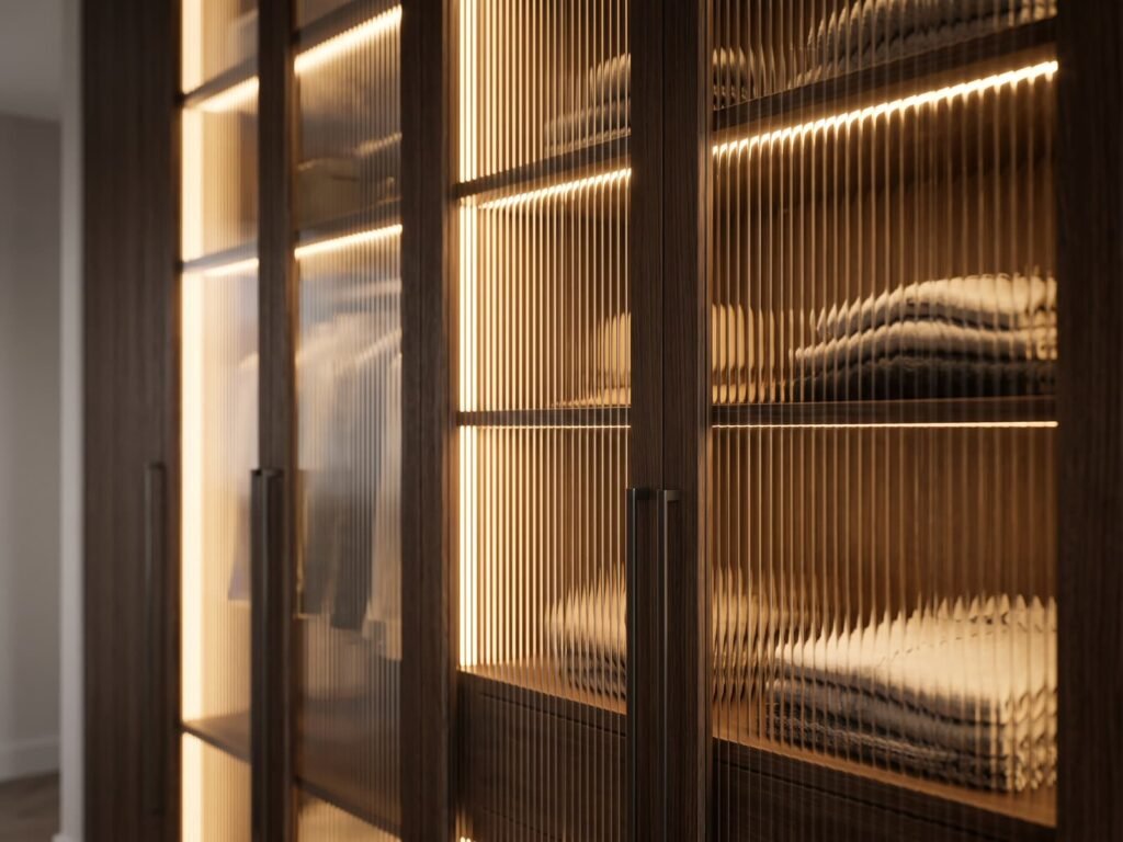 Armário De Closet Com Portas De Vidro Canelado E Iluminação Led Interna
