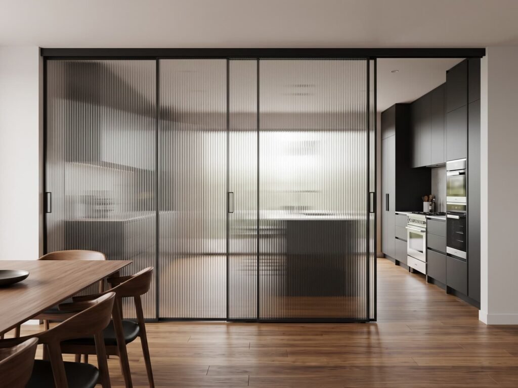 Porta De Correr De Vidro Canelado Com Perfil Preto Separando Cozinha E Sala De Jantar