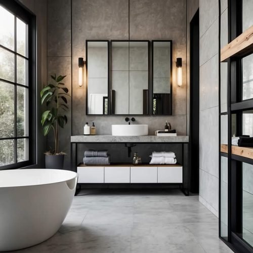 Banheiro Minimalista Moderno Com Espelho Com Moldura Preta Estilo Escandinavo Show Glass 1