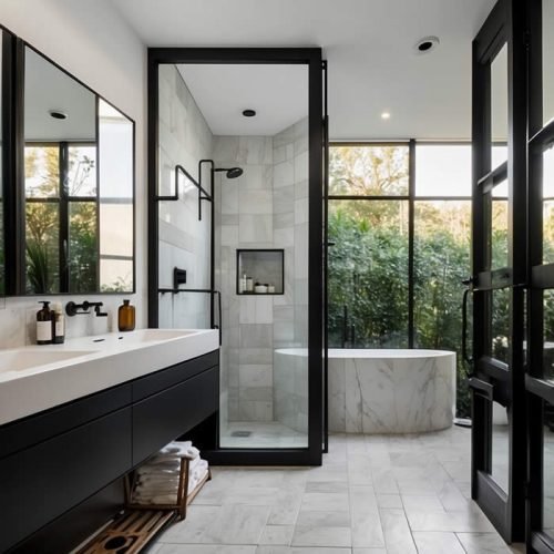 Banheiro Minimalista Moderno Com Espelho Com Moldura Preta Estilo Escandinavo Show Glass 2