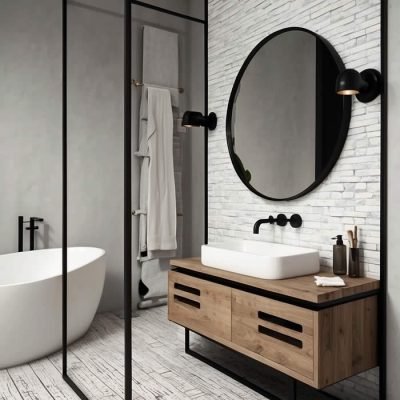 Banheiro Minimalista Moderno Com Espelho Redondo Com Moldura Preta Estilo Escandinavo Show Glass 6