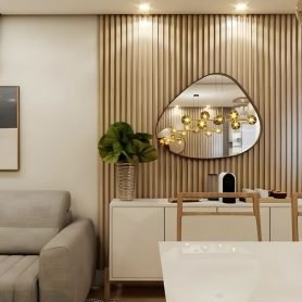 Sala De Jantar Com Painel Ripado De Madeira Bege Com Aparador Flutuante E Espelho Organico Com Led E Moldura De Madeira Natural Rustica 3