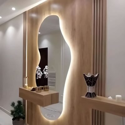 Hall De Entrada Com Painel Ripado De Madeira Aparador Flutuante E Espelho Organico Com Led 2